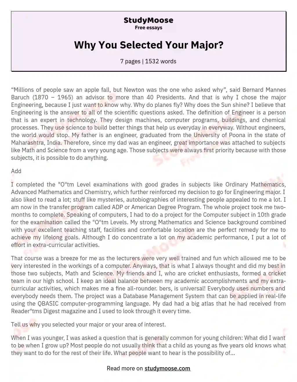 Why You Selected Your Major? essay