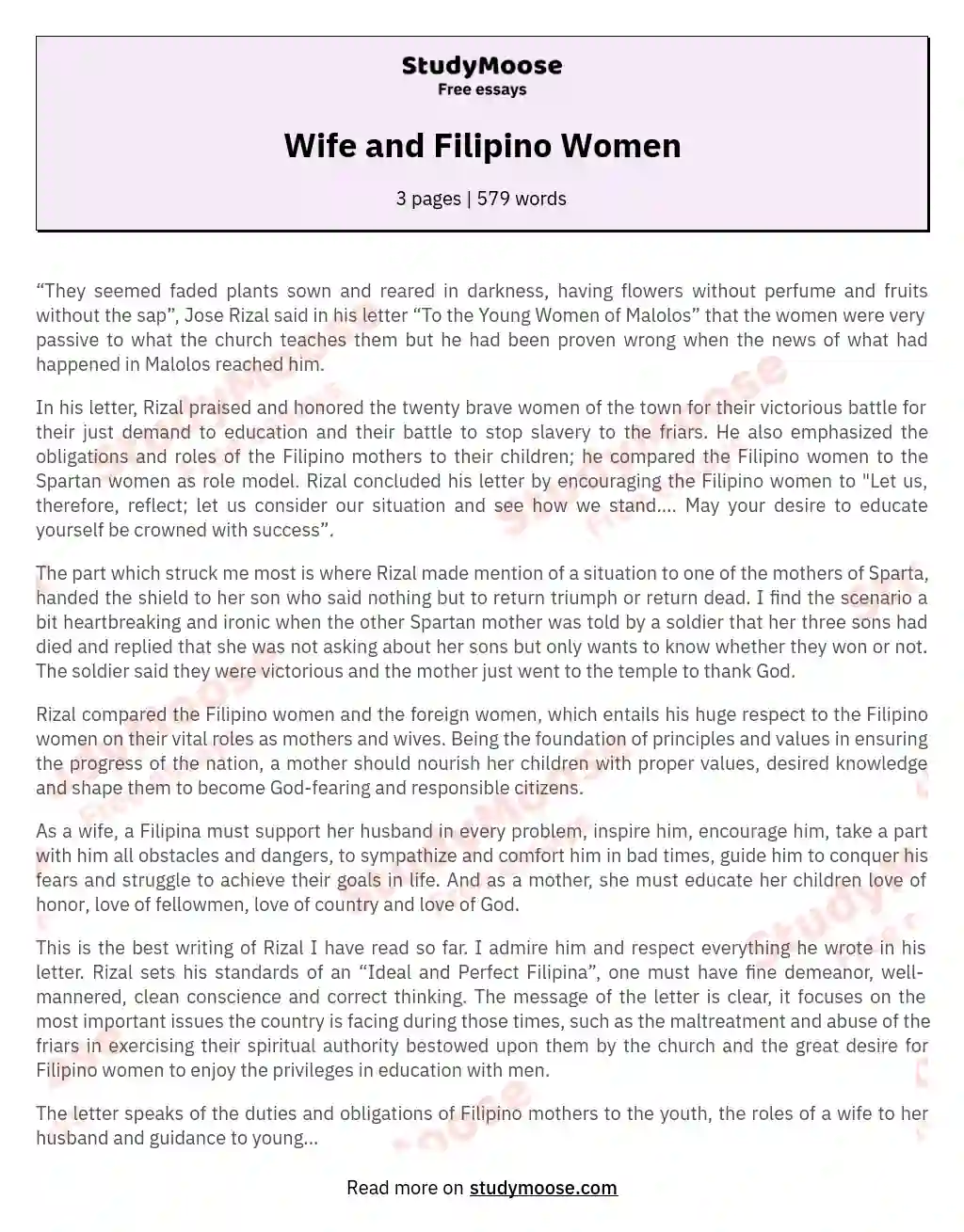 Wife and Filipino Women essay