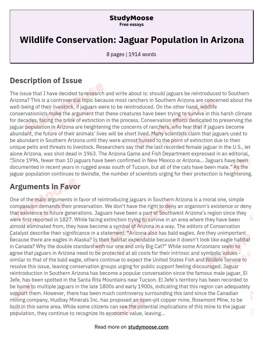 Wildlife Conservation: Jaguar Population in Arizona essay