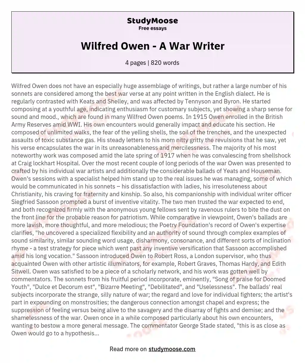 Wilfred Owen - A War Writer essay