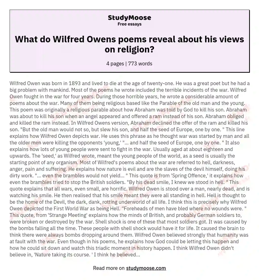 What do Wilfred Owens poems reveal about his views on religion? essay