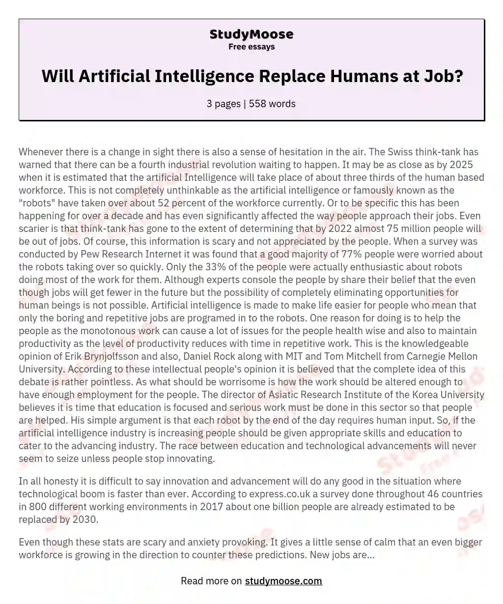 will artificial intelligence replace humans essay 250 words