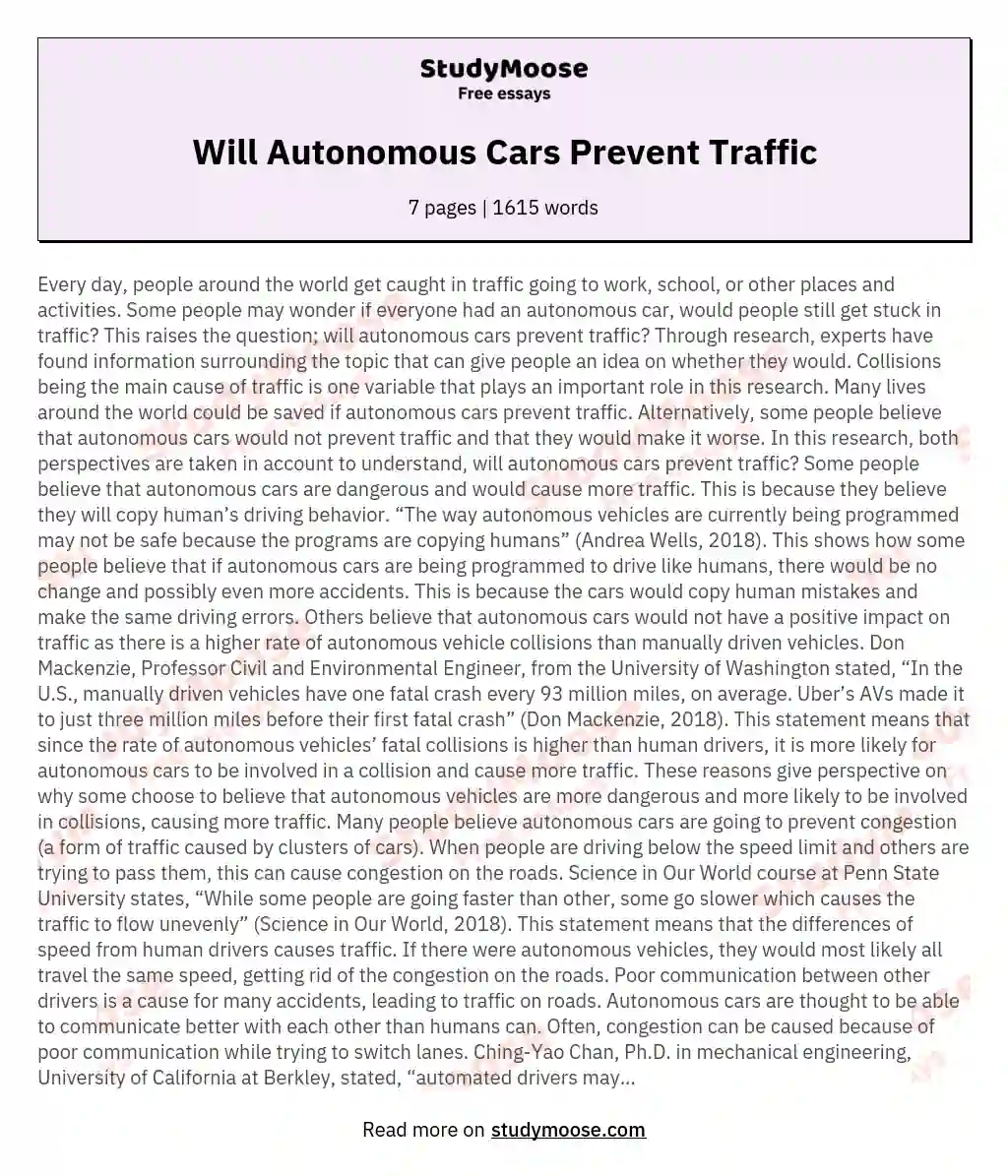 Will Autonomous Cars Prevent Traffic essay