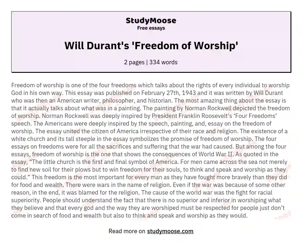 Will Durant's 'Freedom of Worship' essay