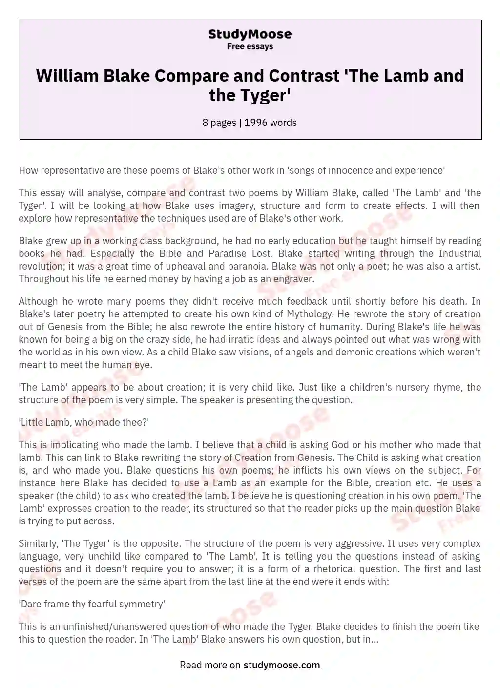 William Blake Compare and Contrast 'The Lamb and the Tyger' essay