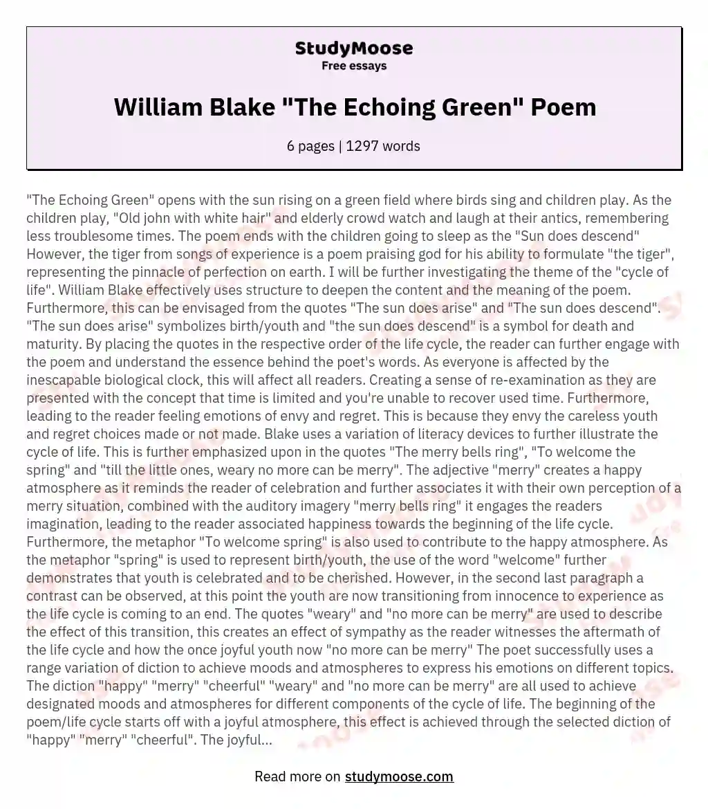 William Blake "The Echoing Green" Poem essay