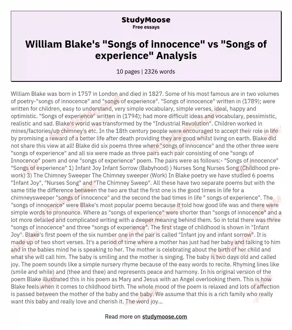 William Blake's "Songs of innocence" vs "Songs of experience" Analysis