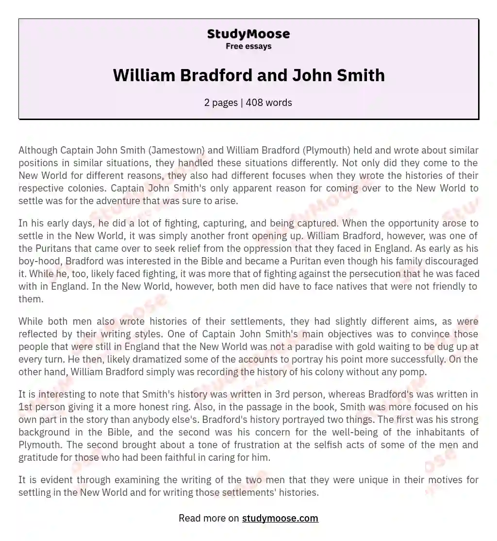 Narrative Contrasts: Smith and Bradford in Early American Colonies essay