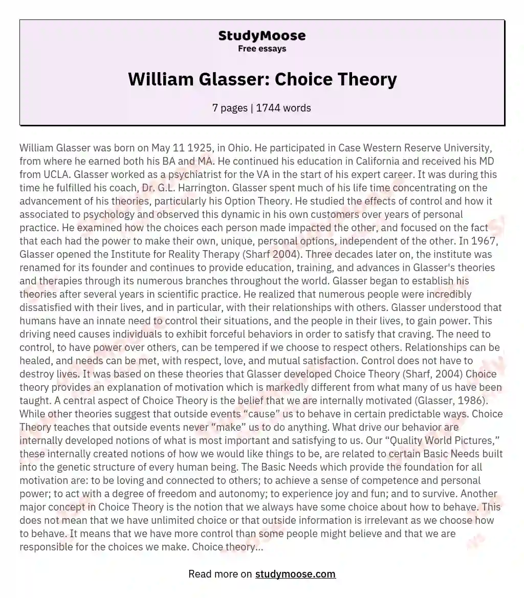 William Glasser: Choice Theory essay