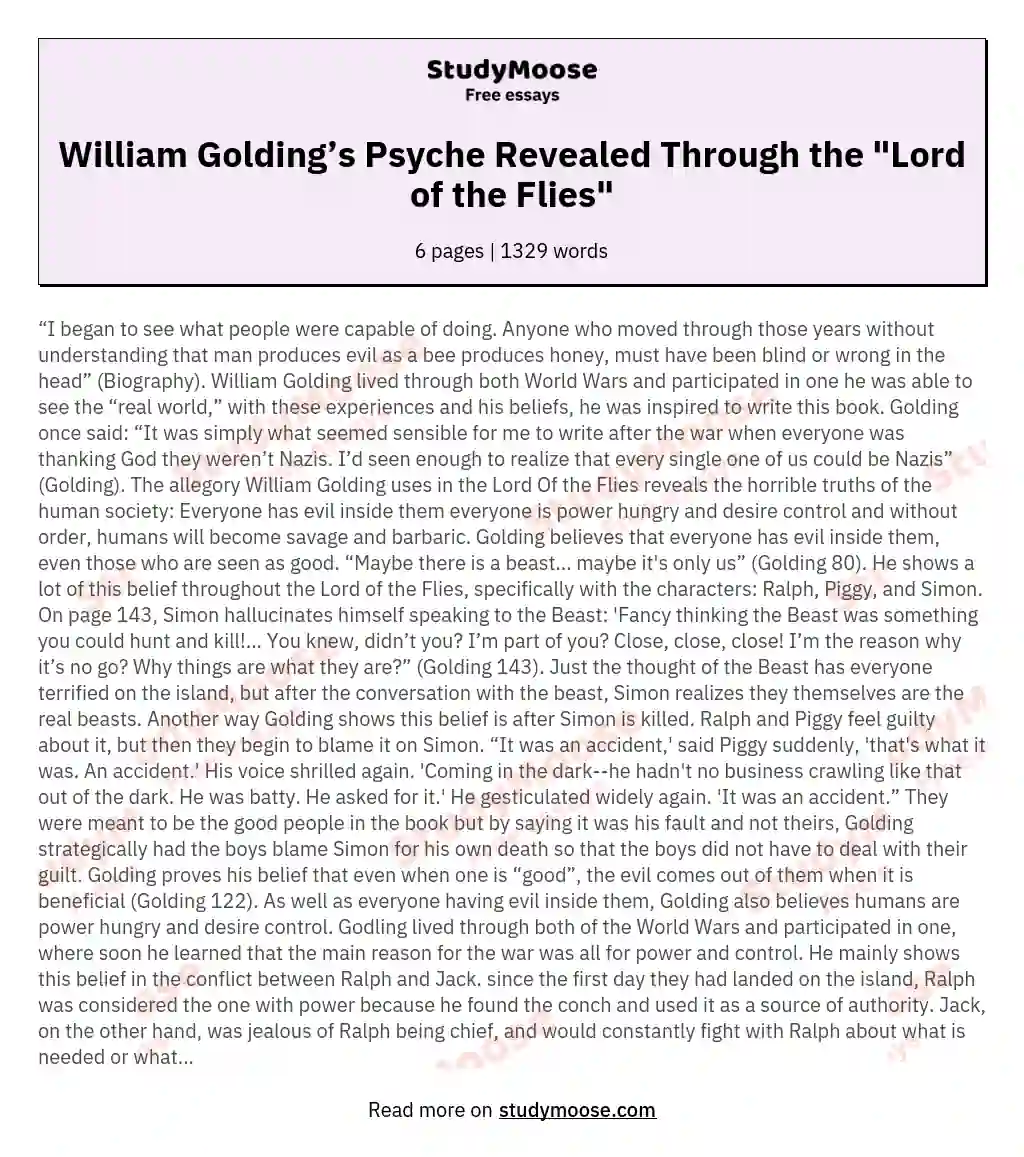 William Golding’s Psyche Revealed Through the "Lord of the Flies"