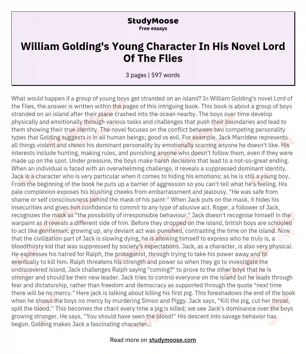 William Golding's Young Character In His Novel Lord Of The Flies essay