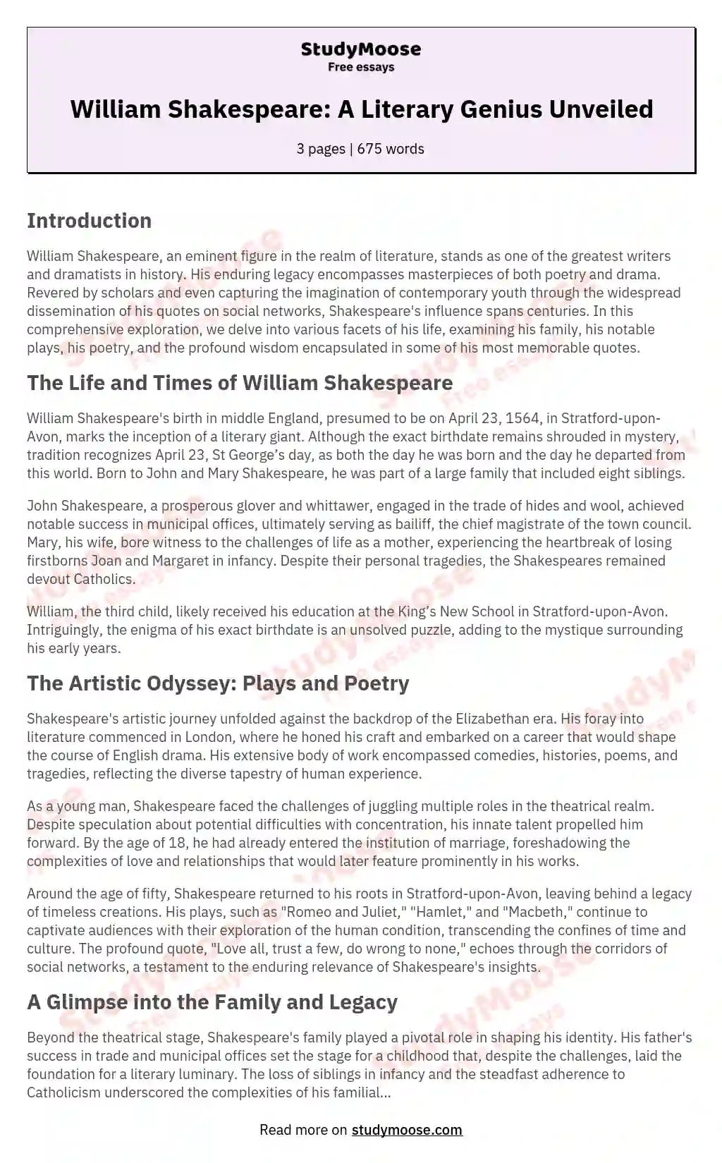 William Shakespeare: A Literary Genius Unveiled essay