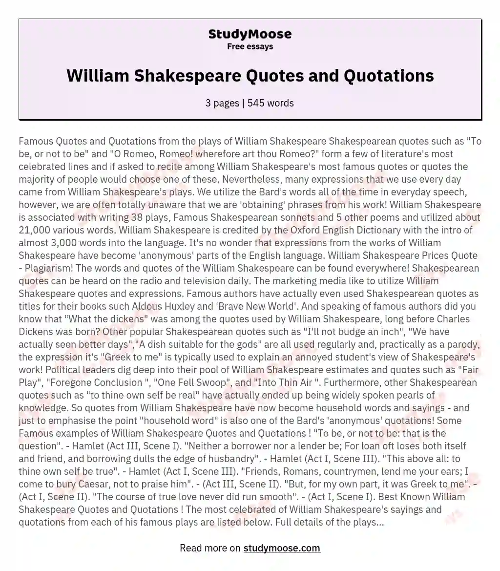 William Shakespeare Quotes and Quotations essay