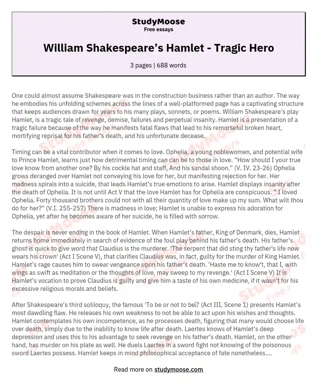 William Shakespeare’s Hamlet - Tragic Hero essay