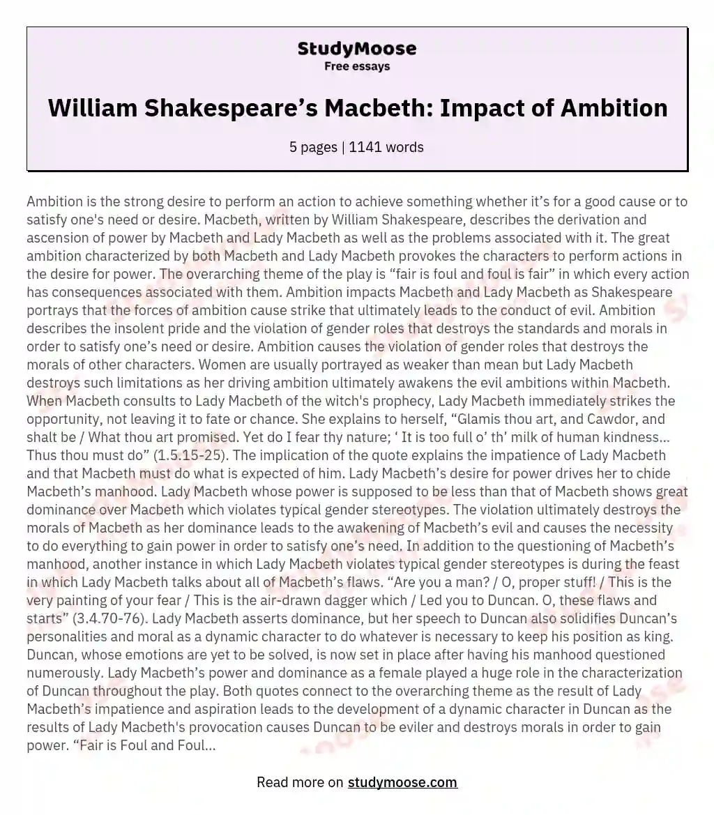 William Shakespeare’s Macbeth: Impact of Ambition