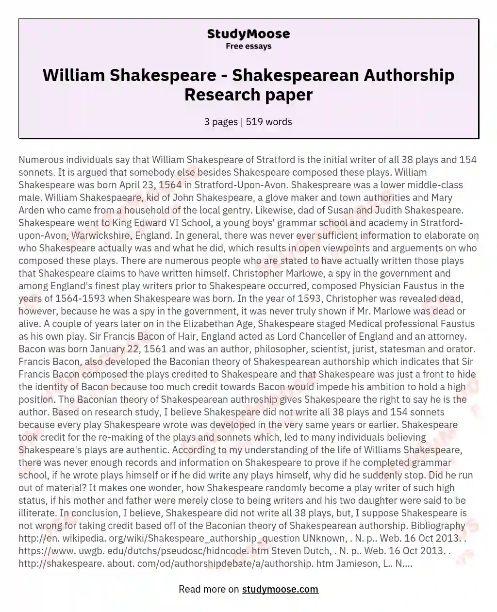 William Shakespeare - Shakespearean Authorship Research paper essay