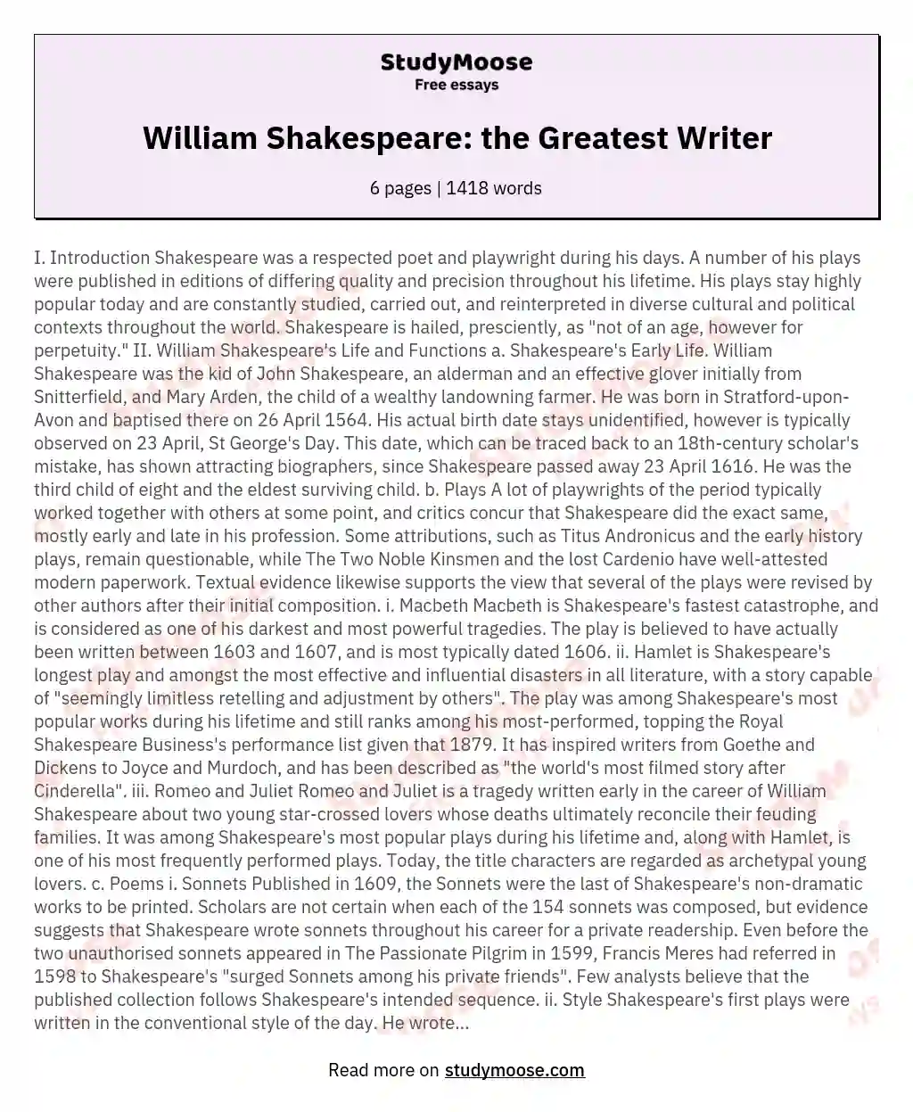 William Shakespeare: the Greatest Writer essay