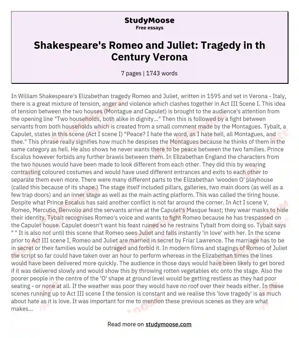 Shakespeare's Romeo and Juliet: Tragedy in th Century Verona essay