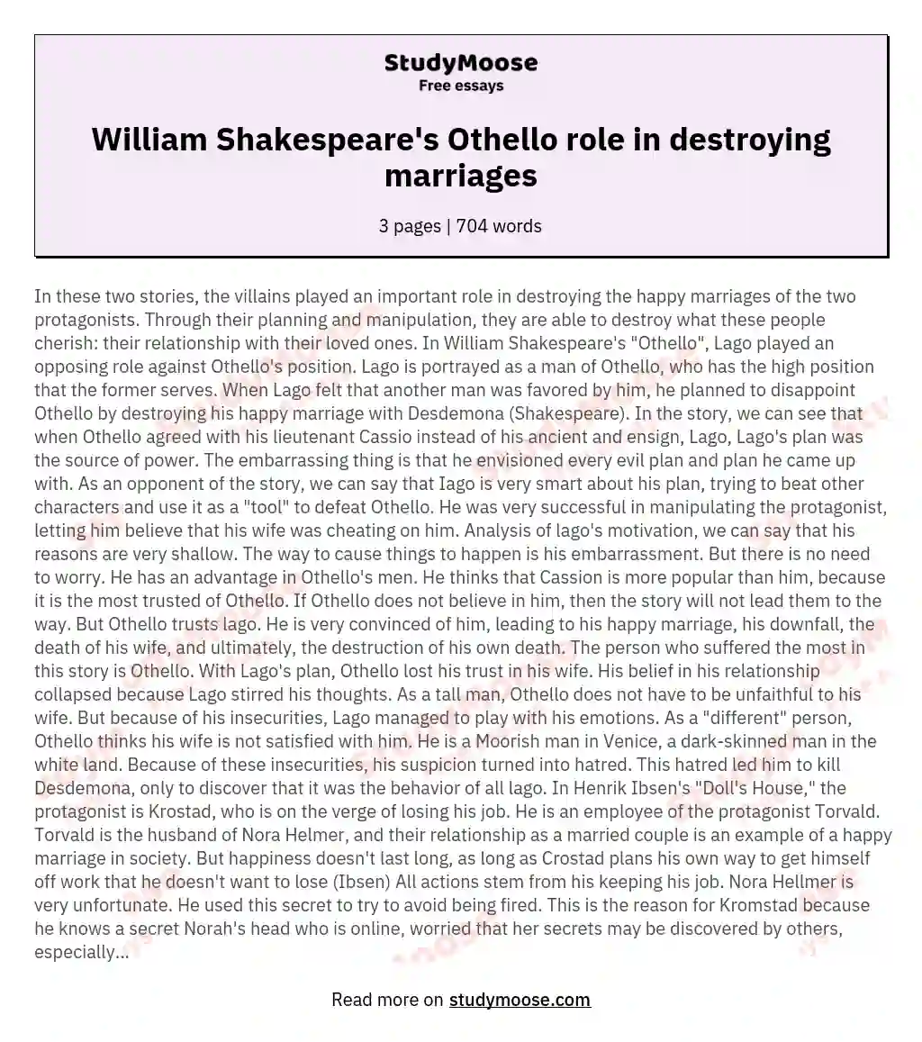 William Shakespeare's Othello role in destroying marriages