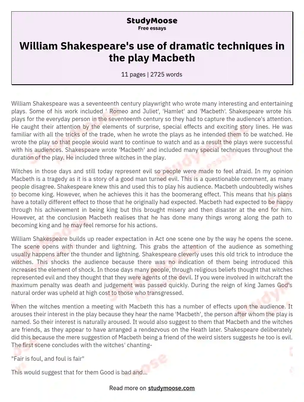 William Shakespeare's use of dramatic techniques in the play Macbeth essay