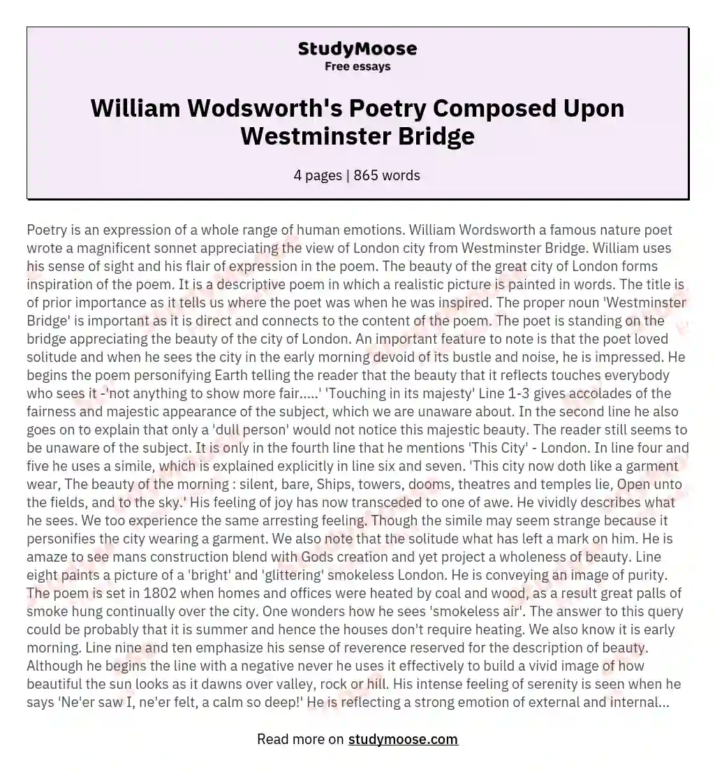 William Wodsworth's Poetry Composed Upon Westminster Bridge essay