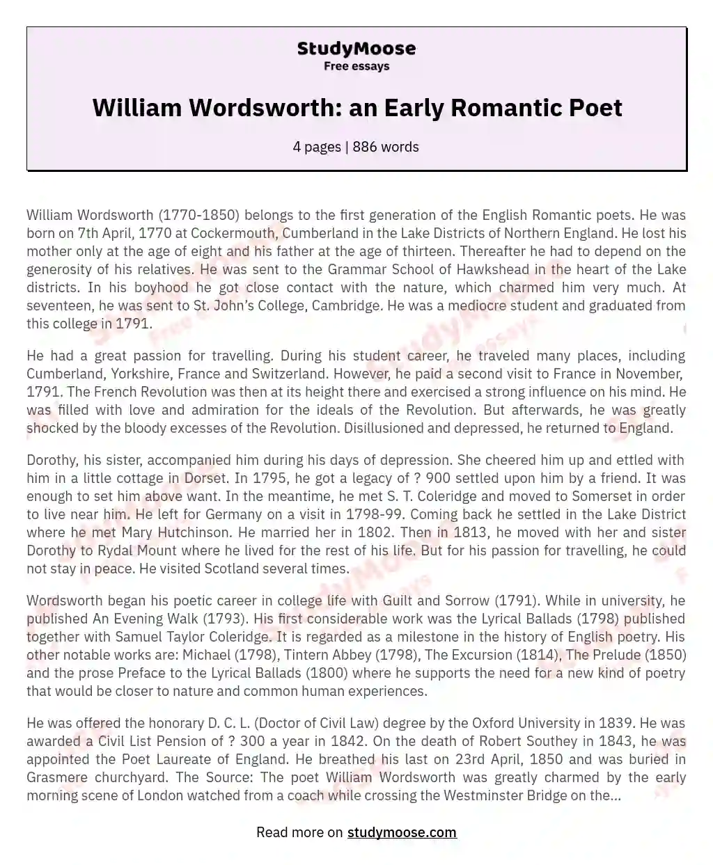 William Wordsworth: an Early Romantic Poet essay