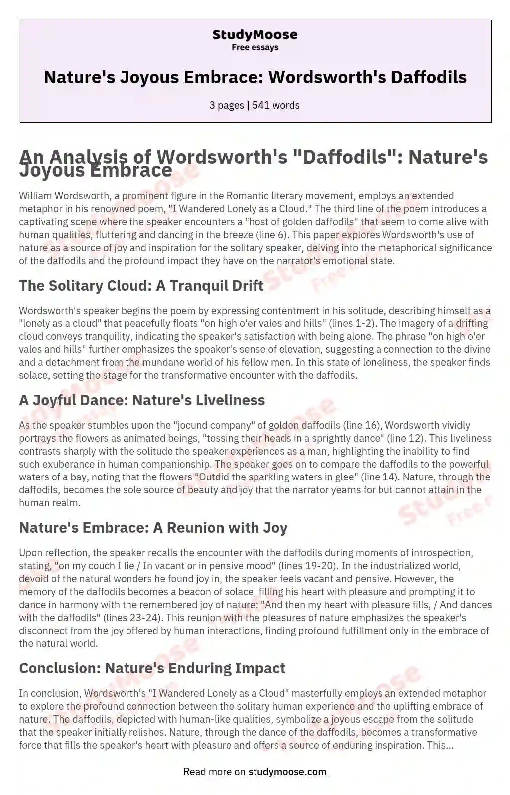 Nature's Joyous Embrace: Wordsworth's Daffodils essay