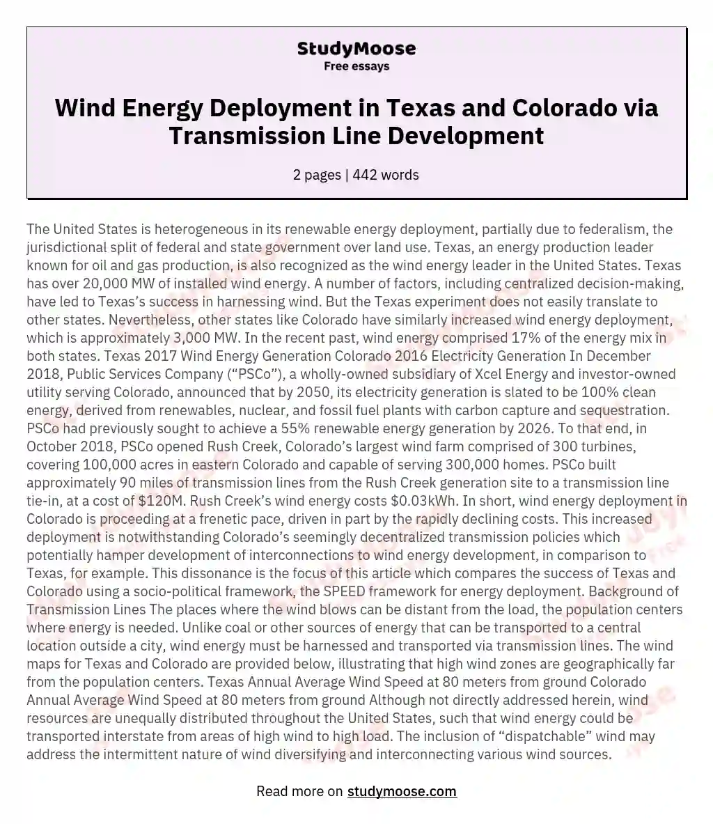Wind Energy Deployment in Texas and Colorado via Transmission Line Development essay