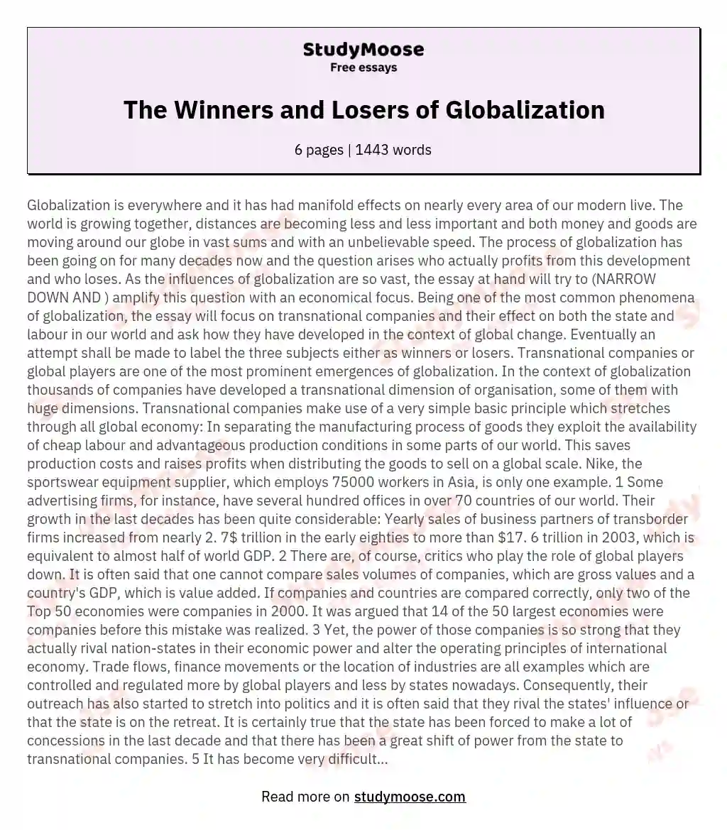 The Winners and Losers of Globalization essay