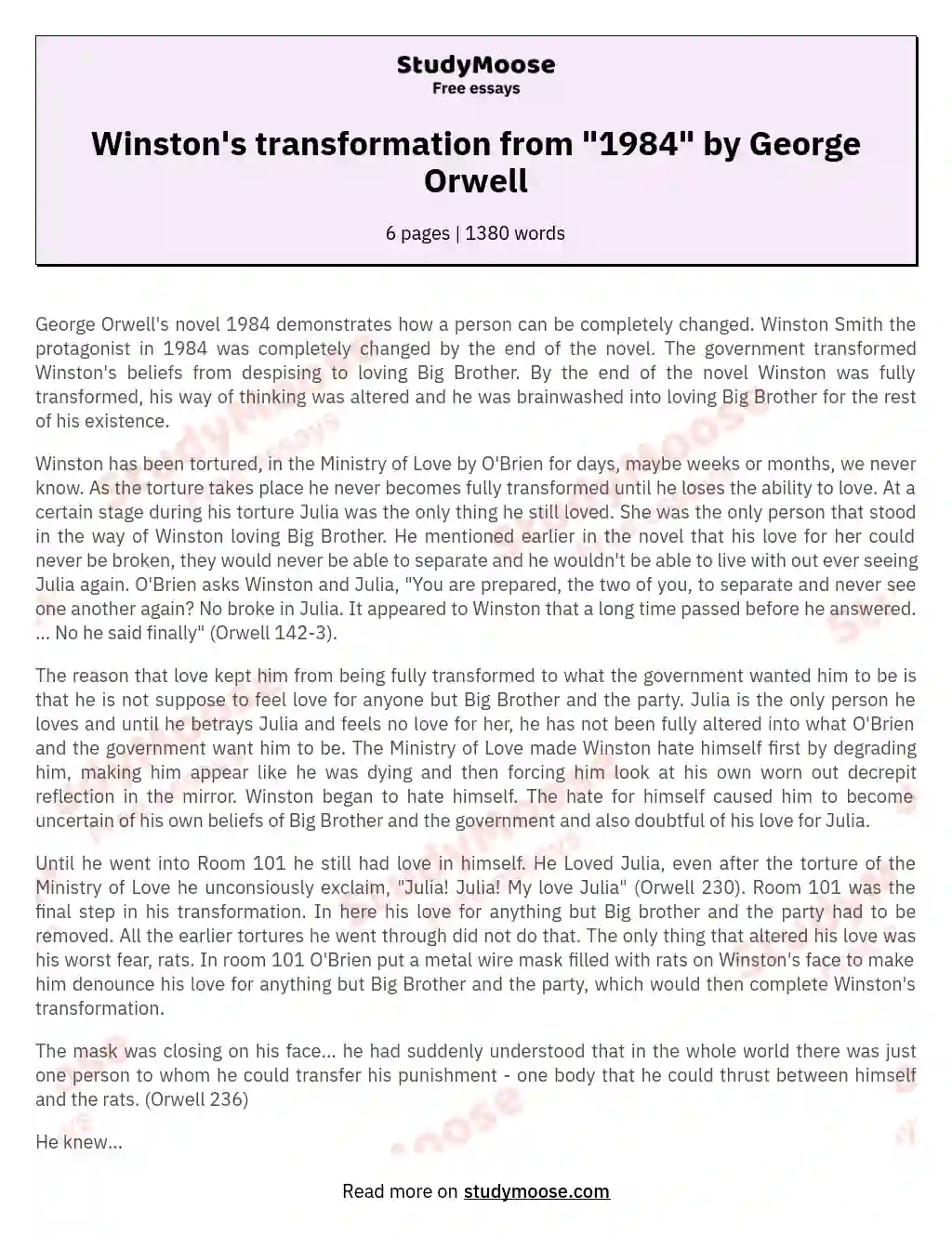 Winston's transformation from "1984" by George Orwell essay