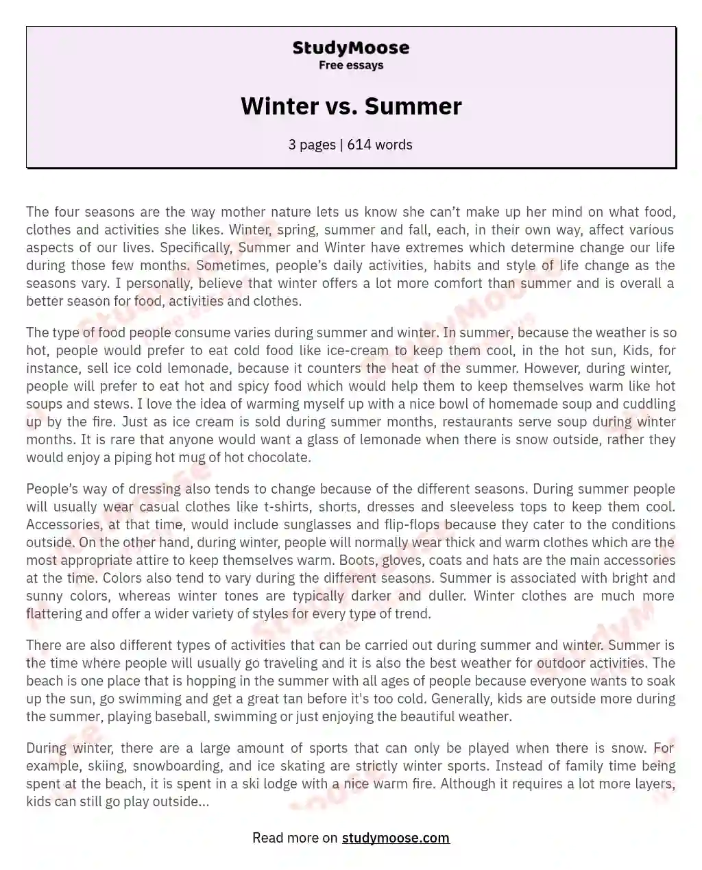 essay on summer and winter