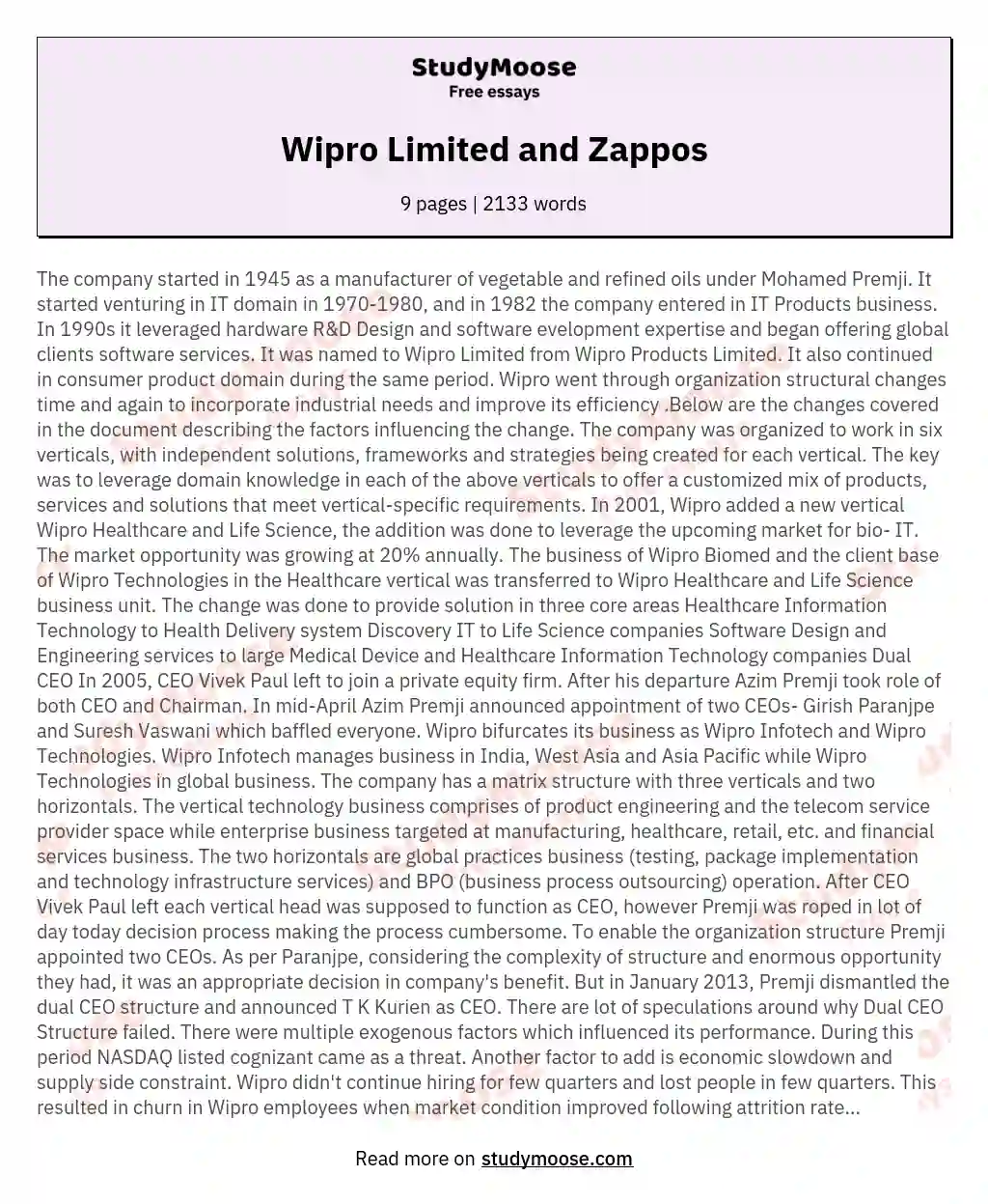 Wipro Limited and Zappos essay