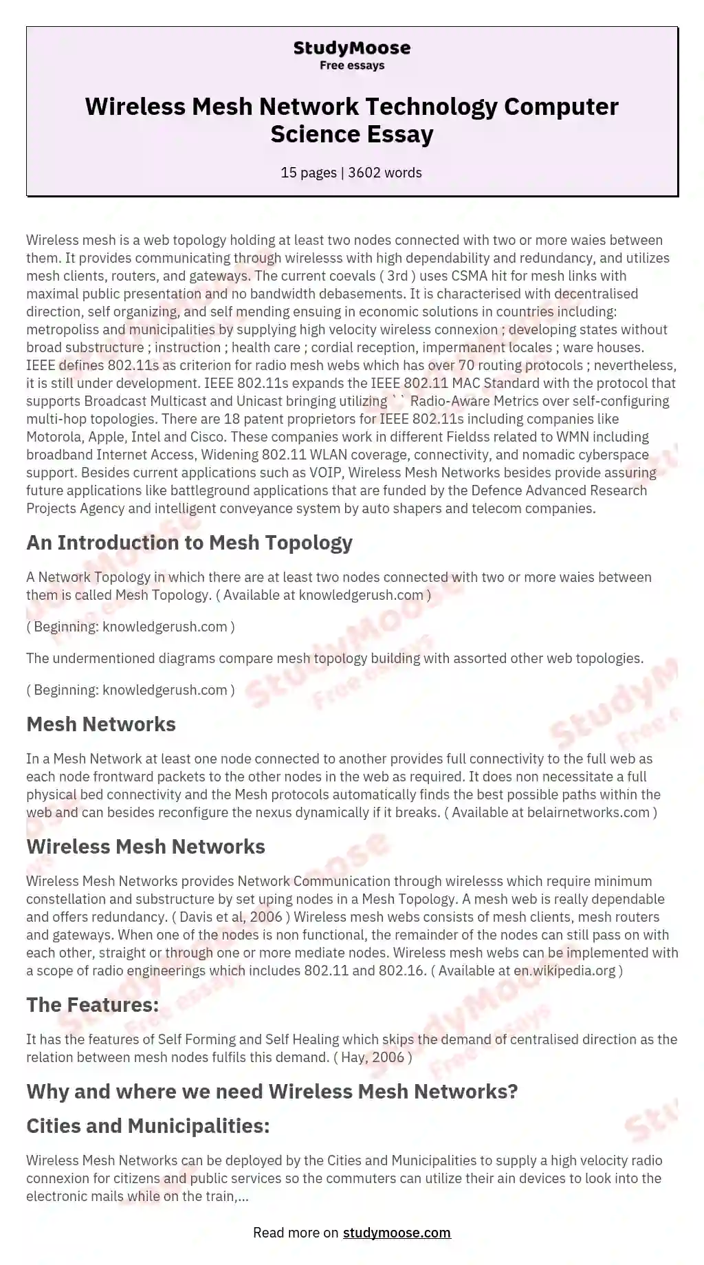 Wireless Mesh Network Technology Computer Science Essay essay