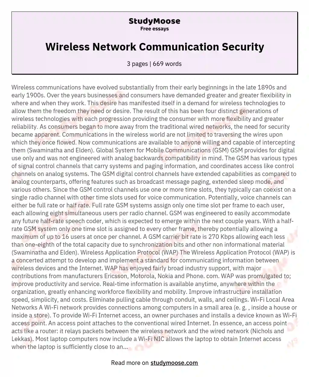 Wireless Network Communication Security essay