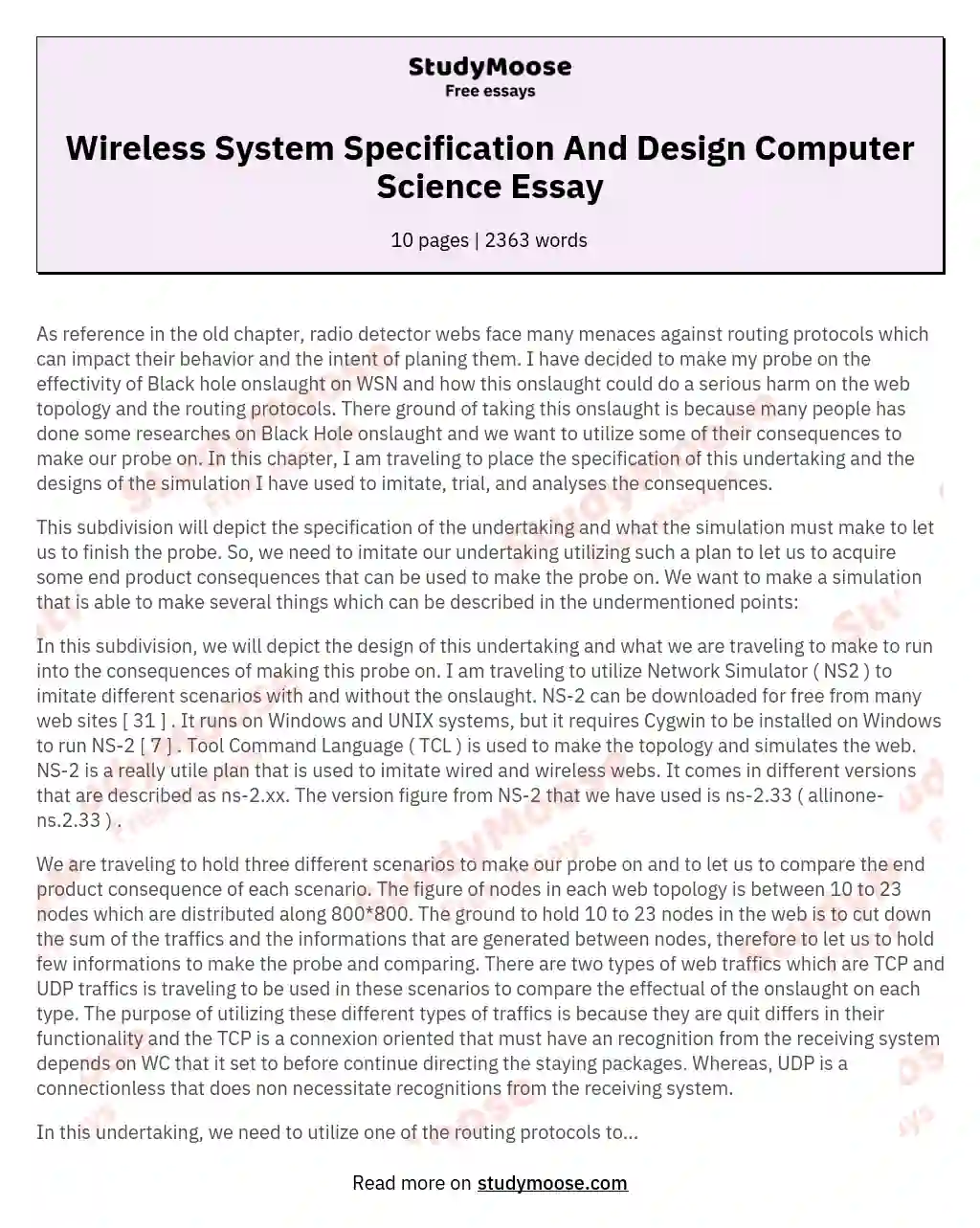 Wireless System Specification And Design Computer Science Essay