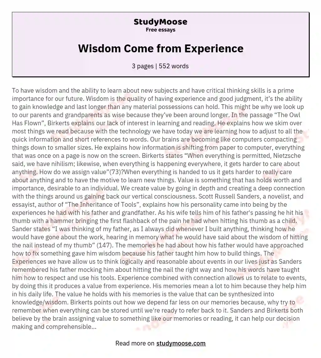 Wisdom Come from Experience essay
