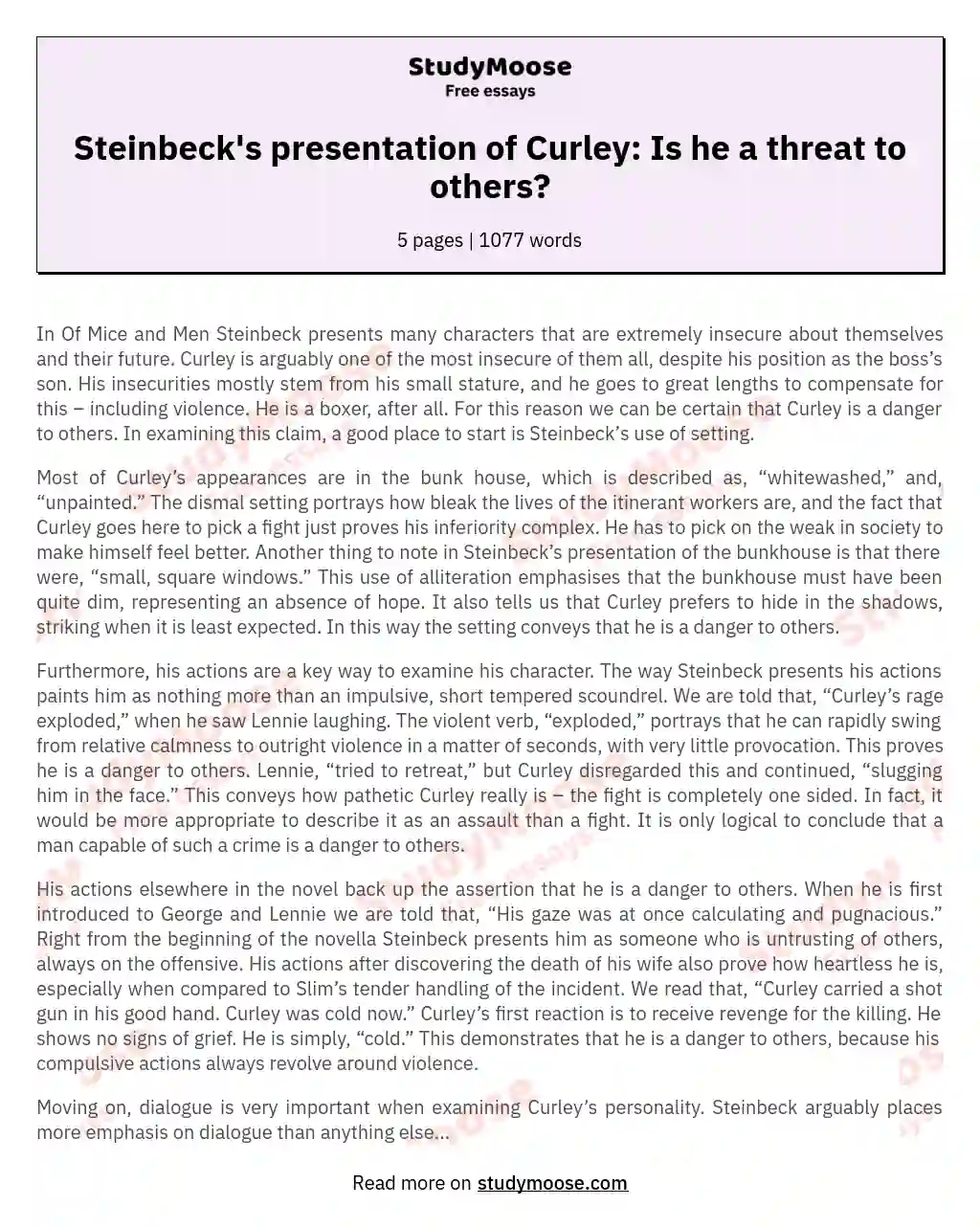 Steinbeck's presentation of Curley: Is he a threat to others? essay