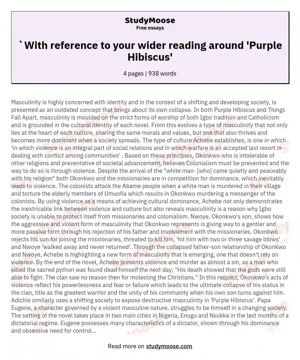 `With reference to your wider reading around 'Purple Hibiscus'