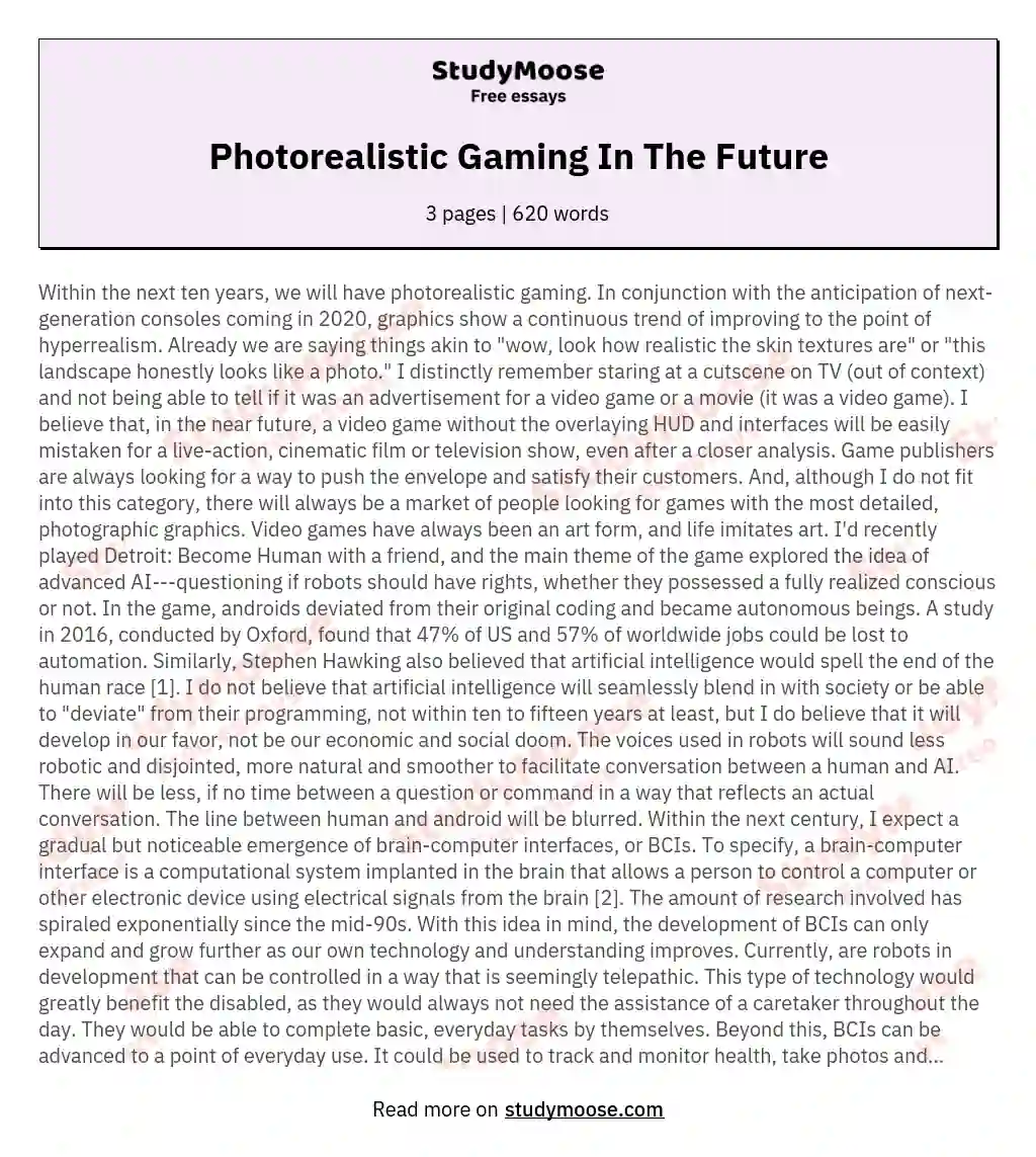 Photorealistic Gaming In The Future essay