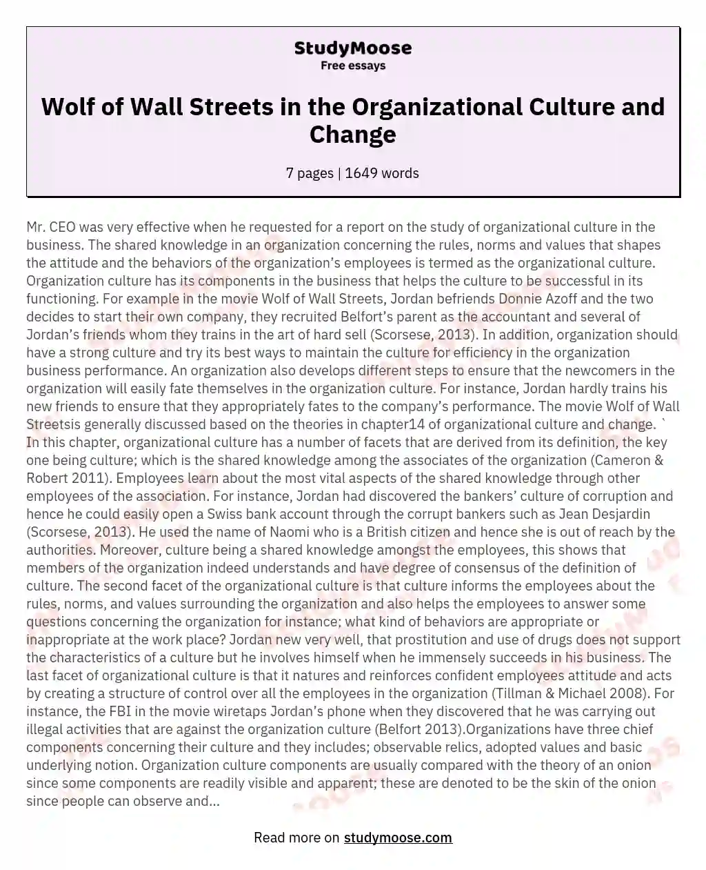 Wolf of Wall Streets in the Organizational Culture and Change