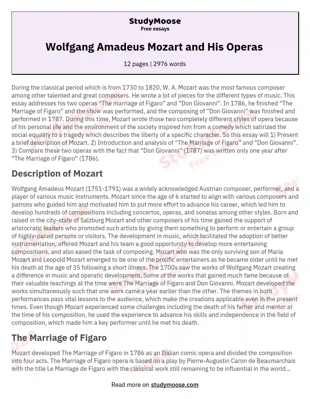 Wolfgang Amadeus Mozart and His Operas  essay