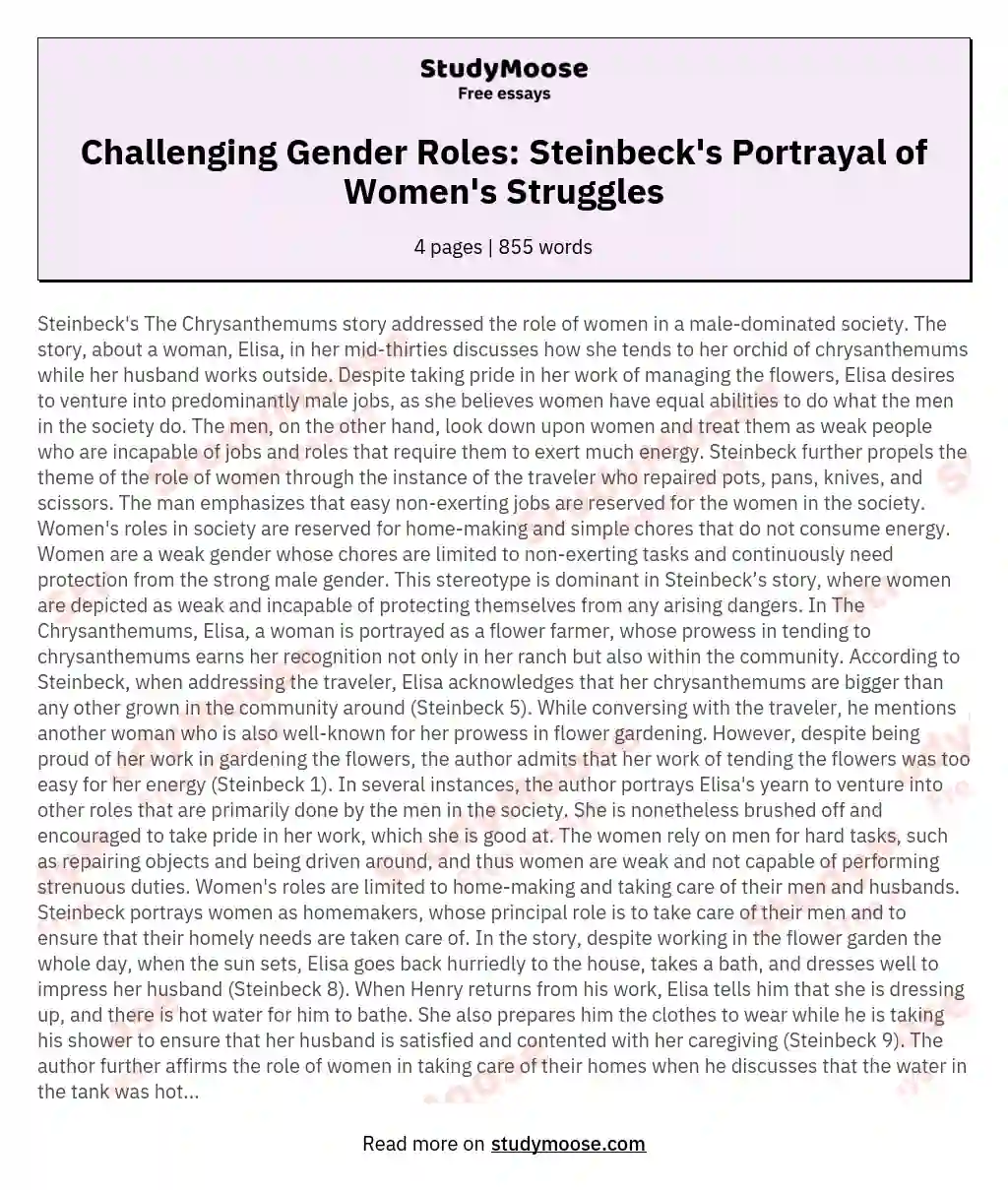 Challenging Gender Roles: Steinbeck's Portrayal of Women's Struggles essay