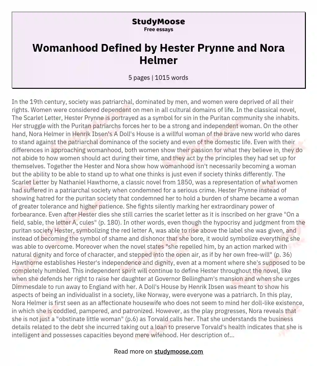 Womanhood Defined by Hester Prynne and Nora Helmer
