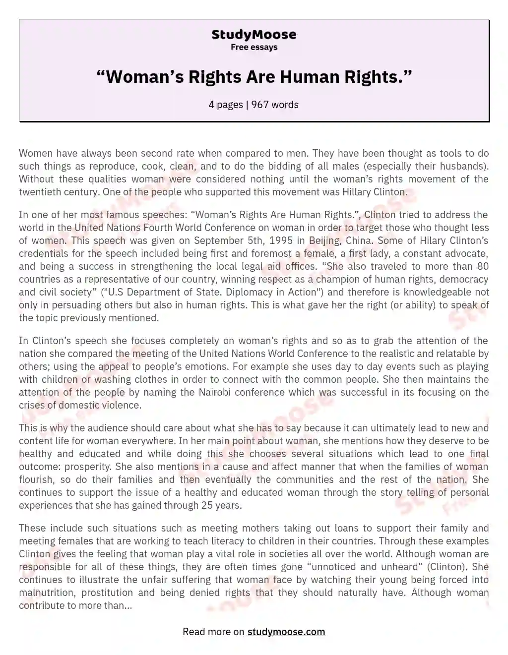 “Woman’s Rights Are Human Rights.” essay