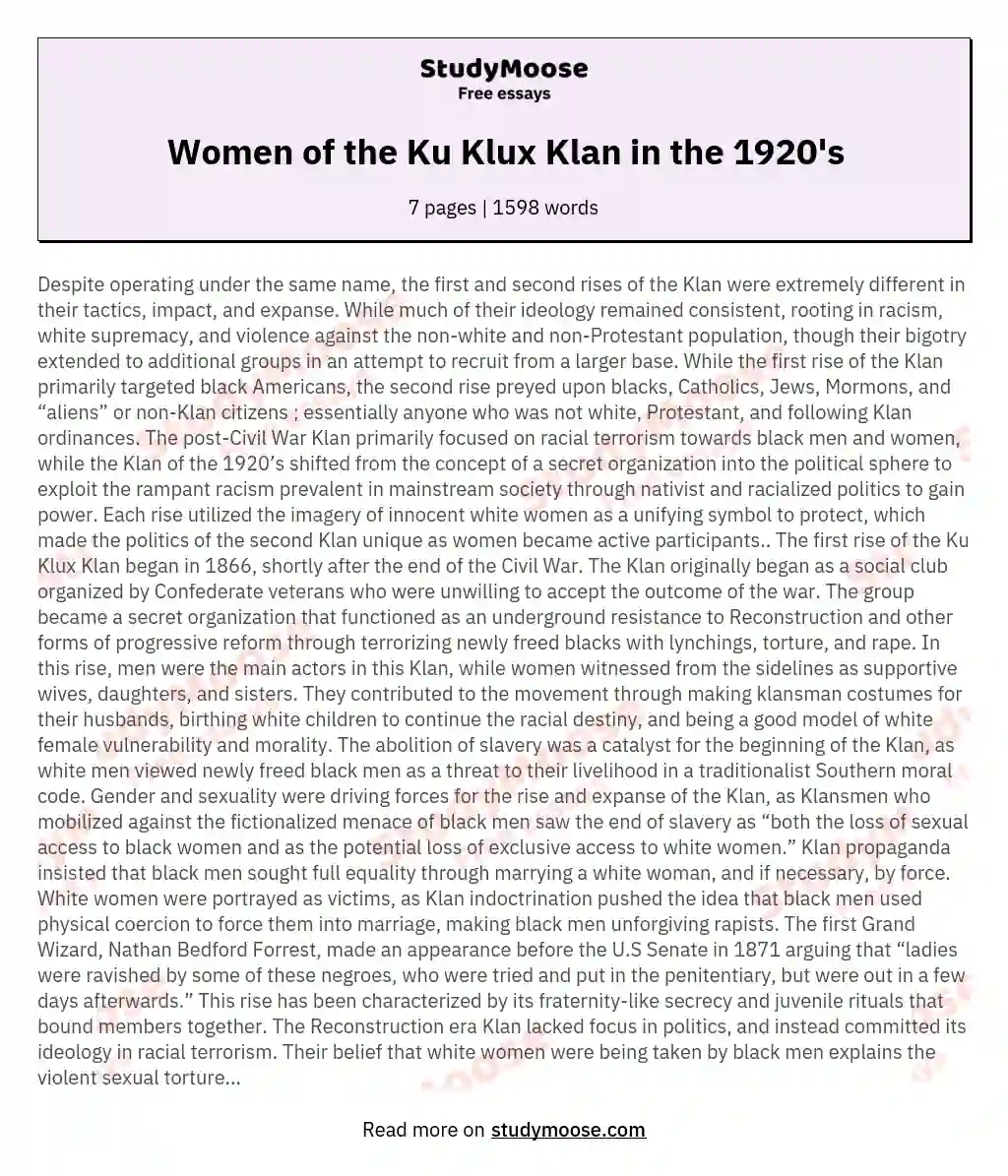 Women of the Ku Klux Klan in the 1920's essay