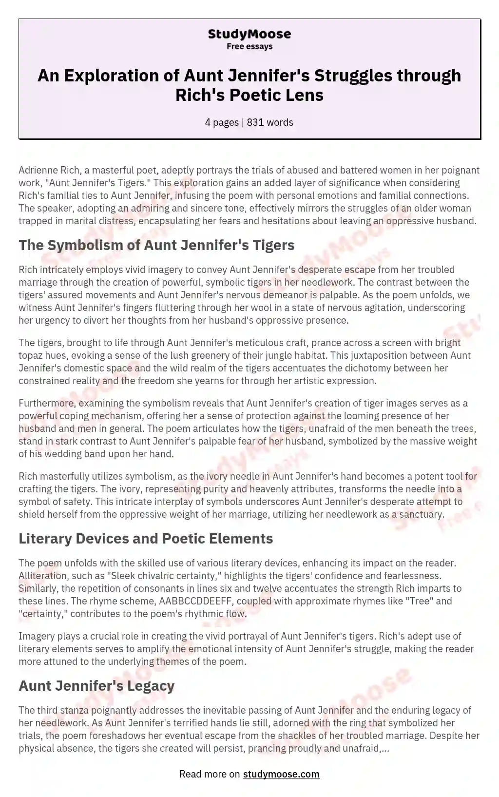 Women Abuse in A Poem Aunt Jennifer's Tigers