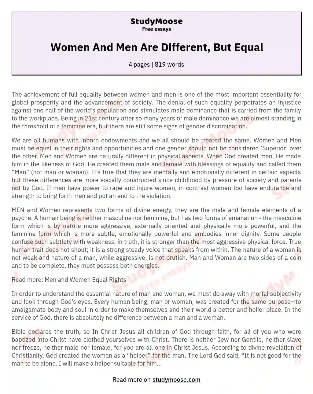 Women And Men Are Different, But Equal essay