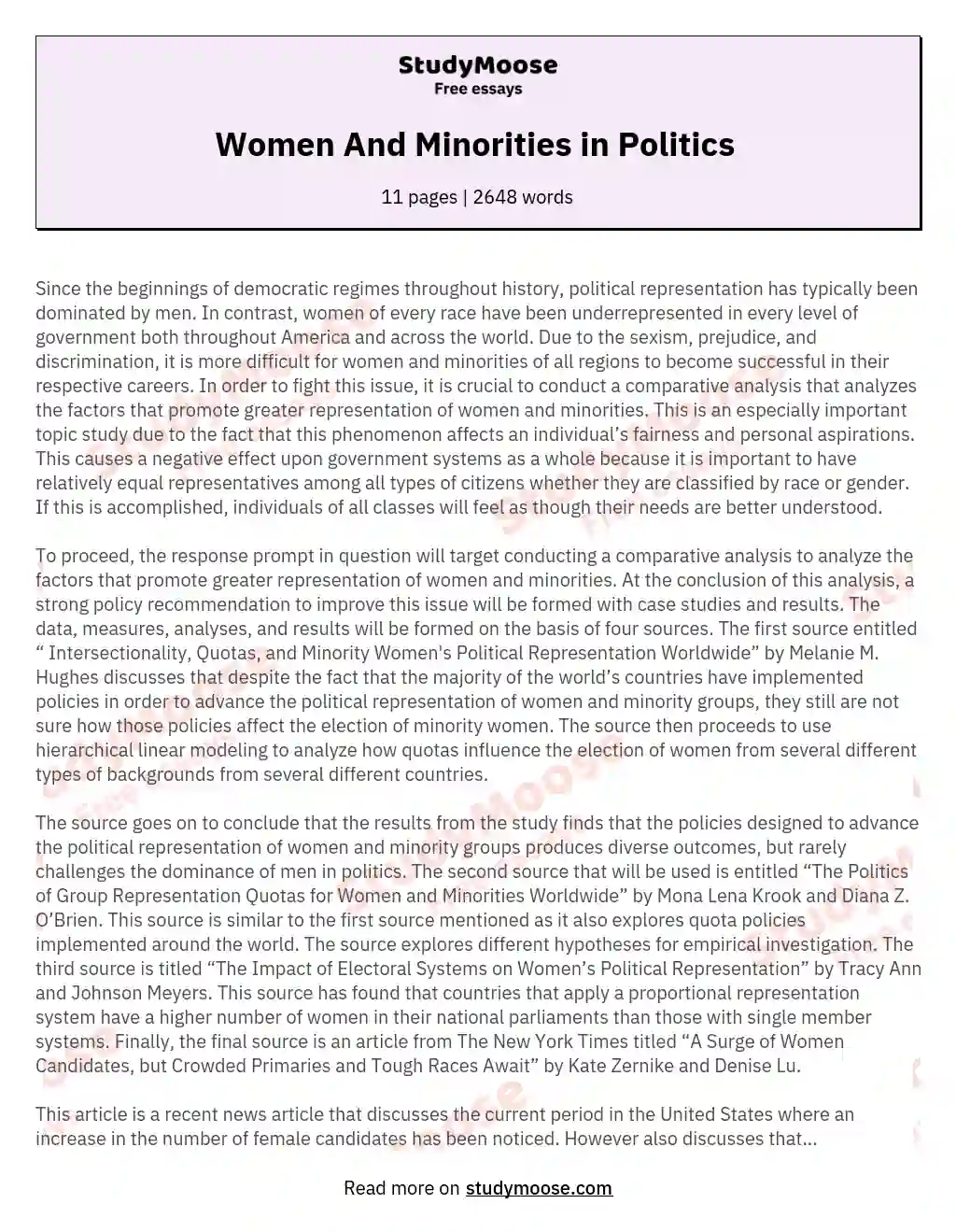 Women And Minorities in Politics  essay