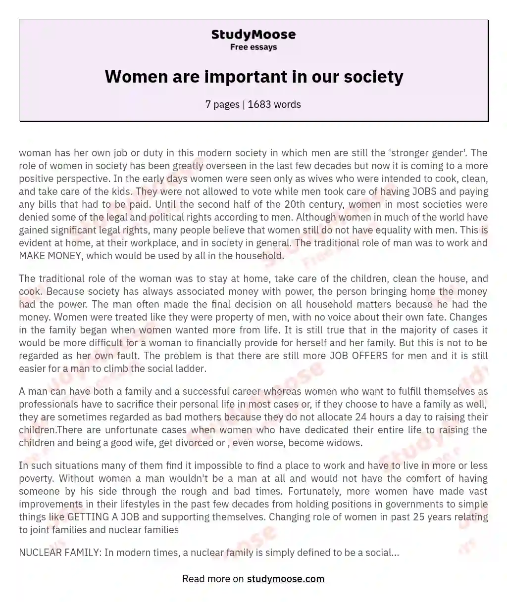 Women are important in our society essay