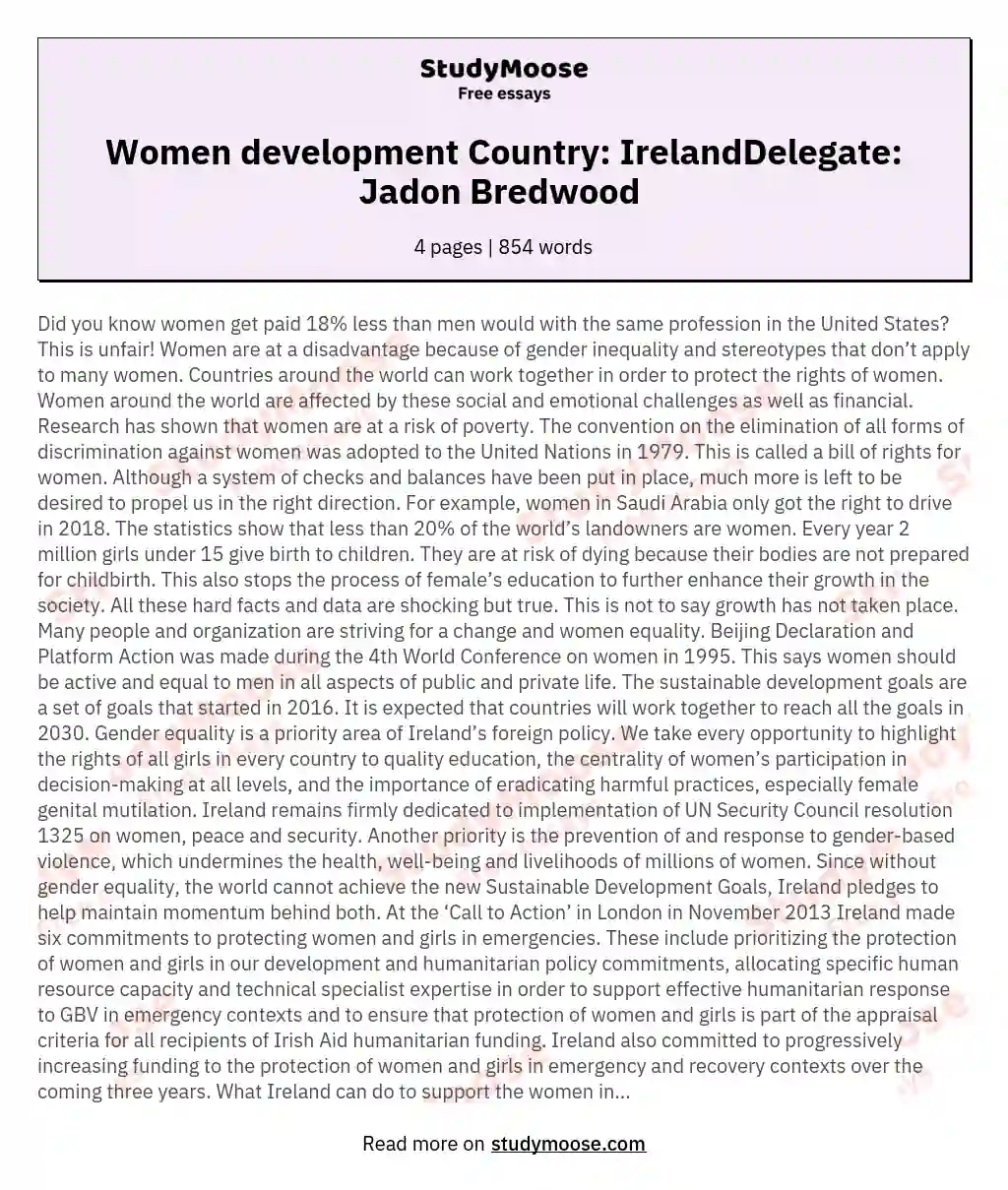 Women development Country: IrelandDelegate: Jadon Bredwood  essay